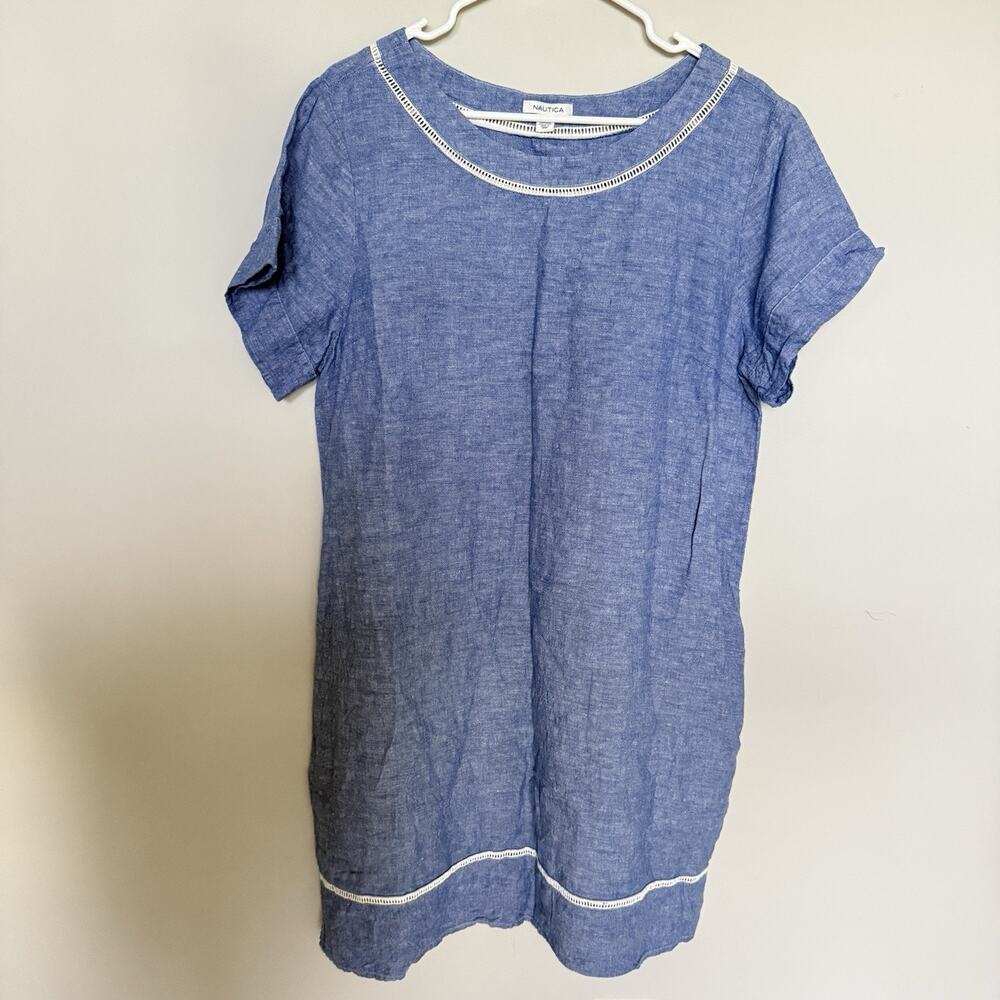 Nautica Womens Linen Shift Dress XL Midi Coastal Resortwear Lagenlook Beach - Picture 2 of 7